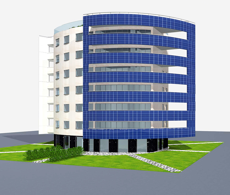 Building with photovoltaic on one facade and gray stone on the other