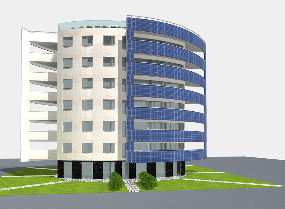 Building with photovoltaic on one facade and gray stone on the other