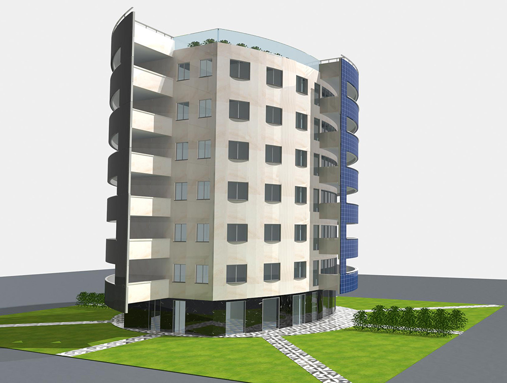 Building with photovoltaic on one facade and gray stone on the other