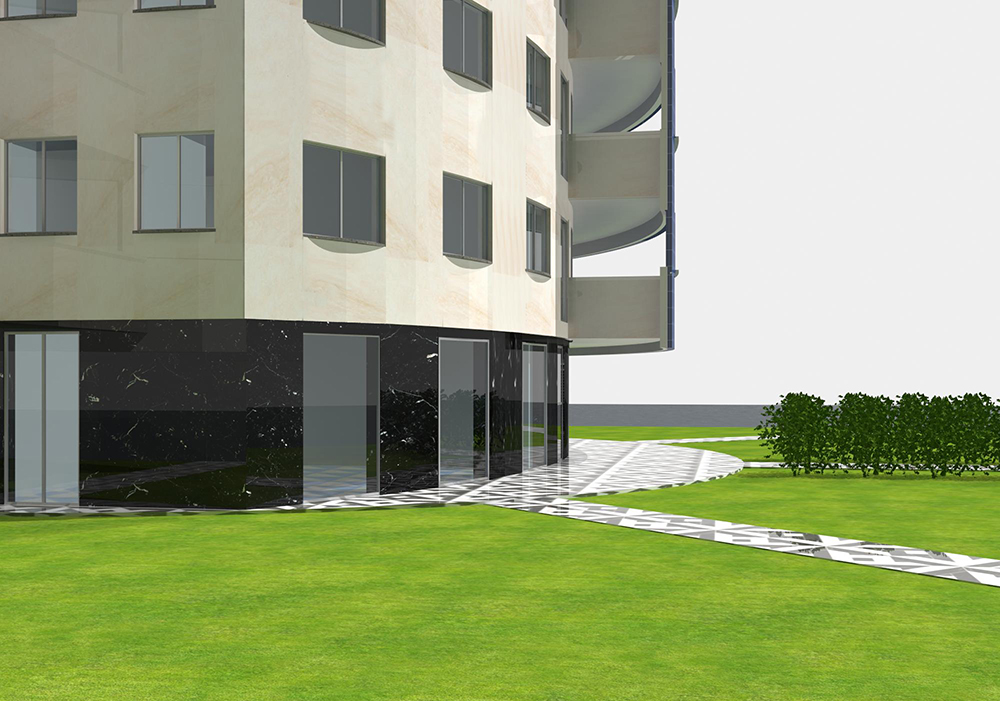 Building with photovoltaic on one facade and gray stone on the other