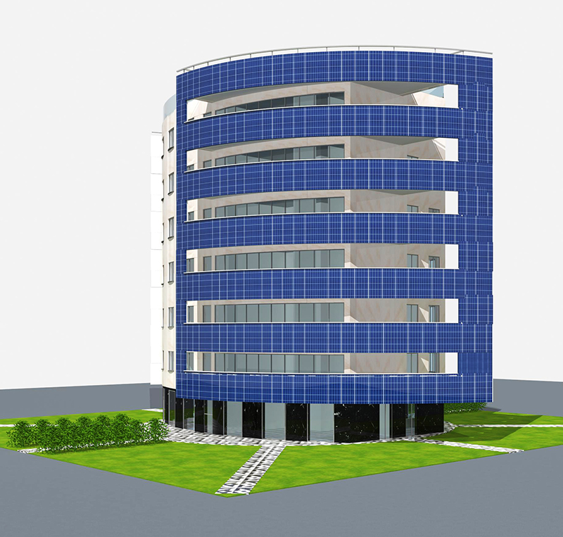 Building with photovoltaic on one facade and gray stone on the other