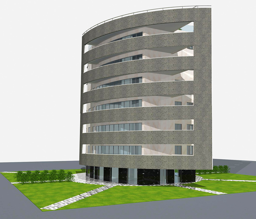 Building with photovoltaic on one facade and gray stone on the other