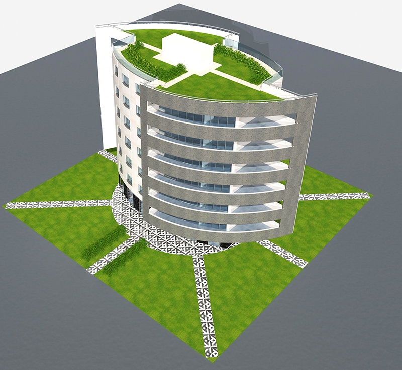 Building with photovoltaic on one facade and gray stone on the other
