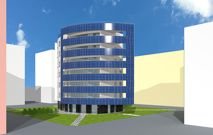 Building with photovoltaic on one facade and gray stone on the other