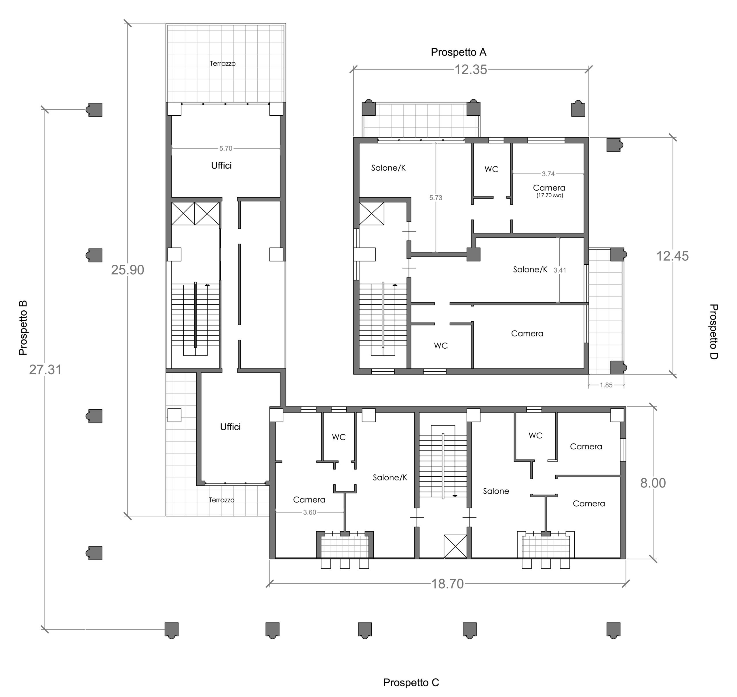 Progetto palazzine moderne con residenze, uffici e negozi. Piano Primo