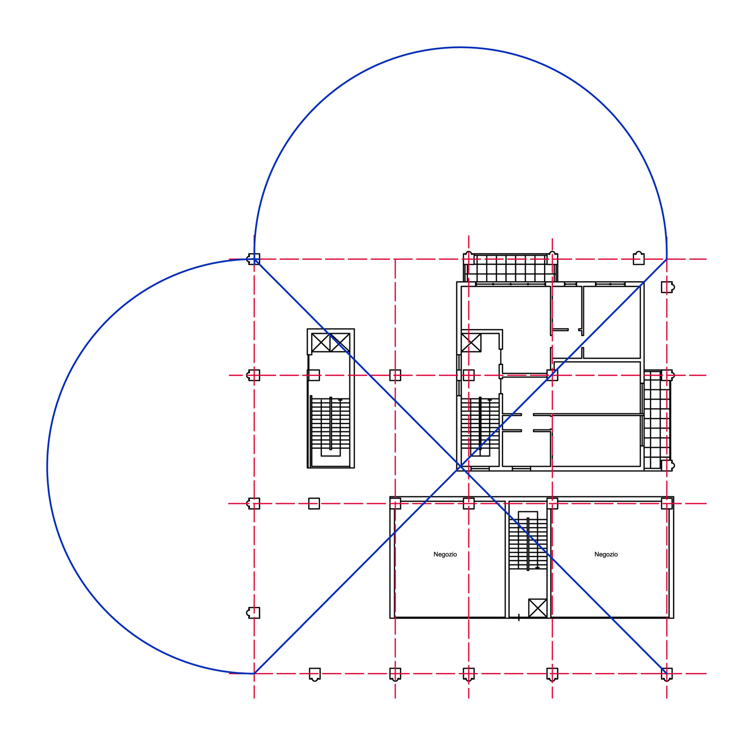 Progetto palazzine moderne con residenze, uffici e negozi. Schema progettuale