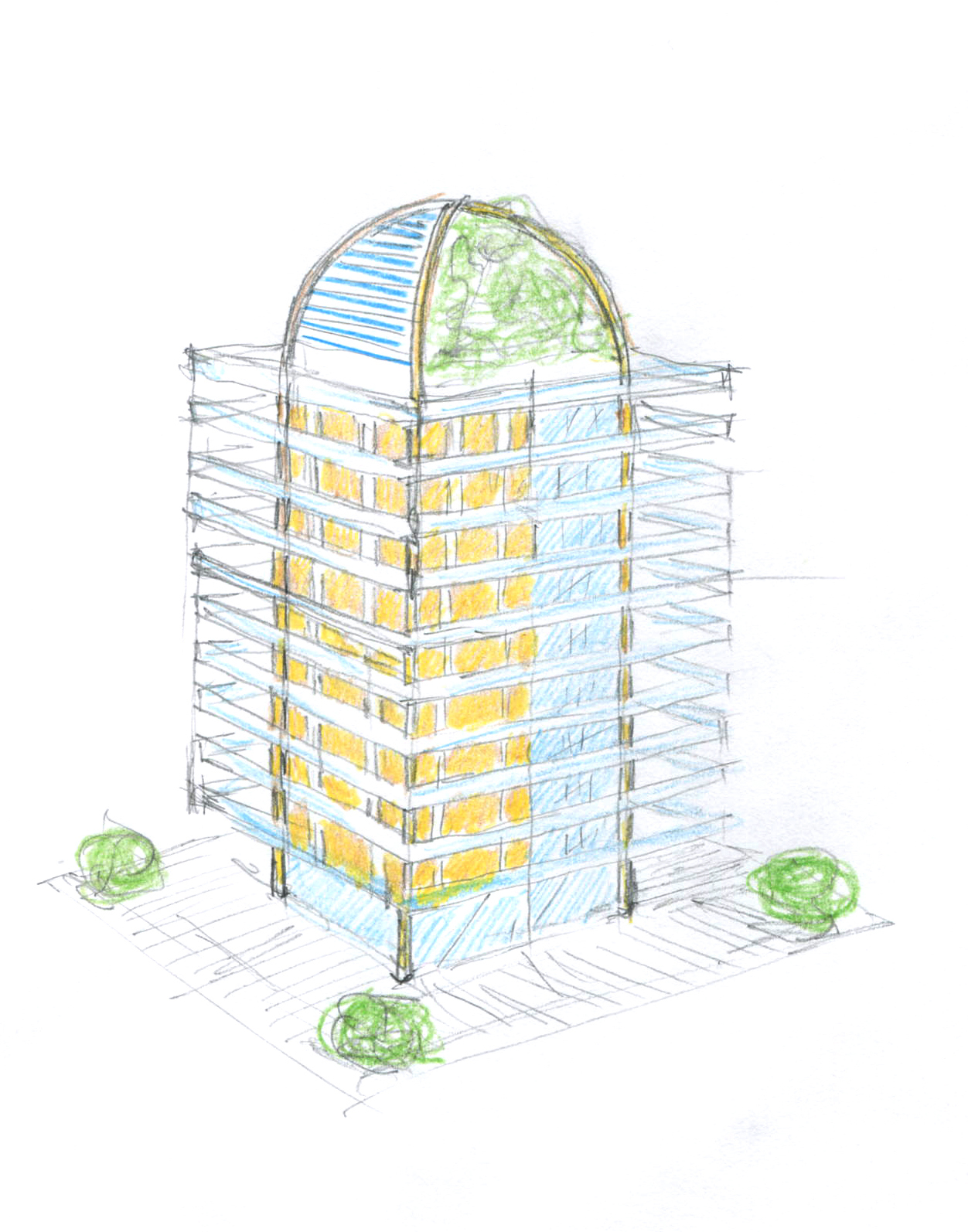 Progettazione edificio contemporaneo con fotovoltaico e verde sul tetto.