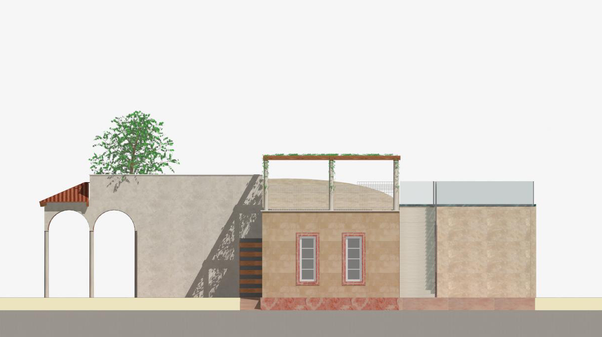 Progetto villa - Prospetto laterale vista sulla terrazza con colonnine
